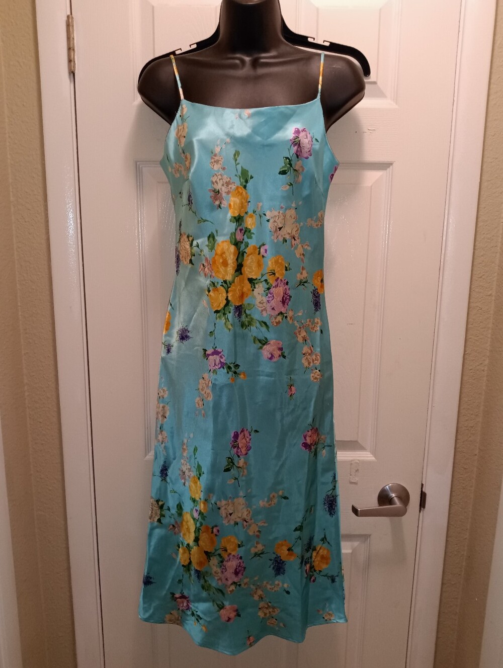 Krizia D Floral Satin Slip Dress in Aqua Blue